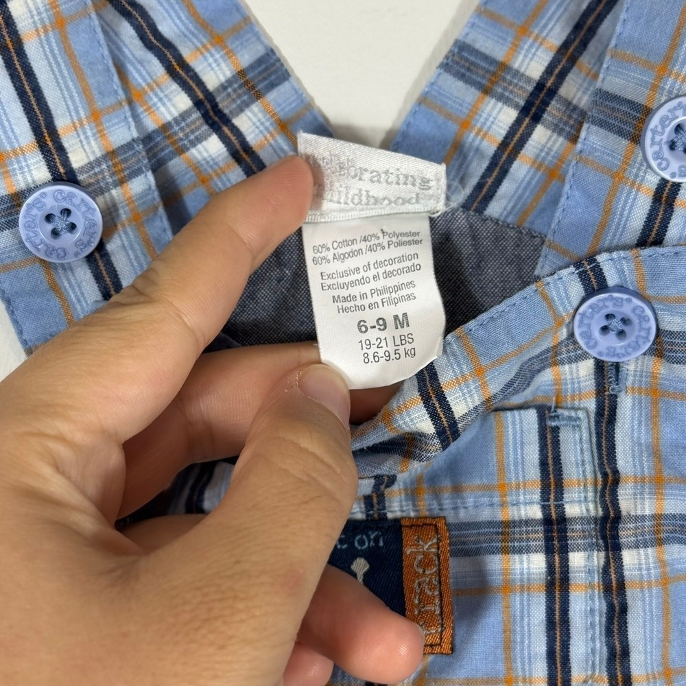 VTG Carters Kids Baby Boy Blue Plaid Train Embroidered Shortalls Overalls 6-9 M - Picture 7 of 11
